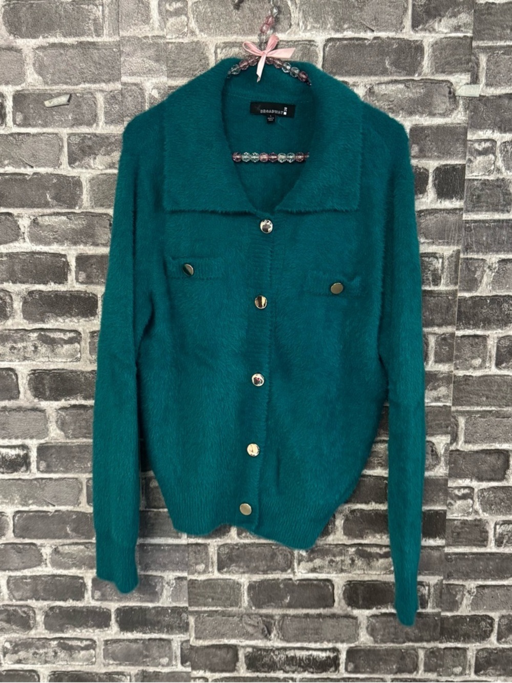 Broadway 38 Burton down cardigan green fuzzy 100% nylon